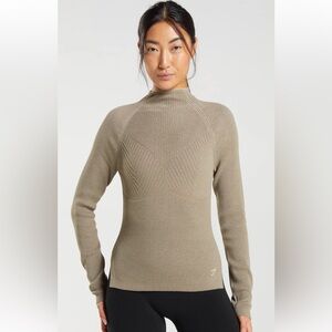NWOT Gymshark Pause Knitwear LS Mockneck Bodycon Top Tan M